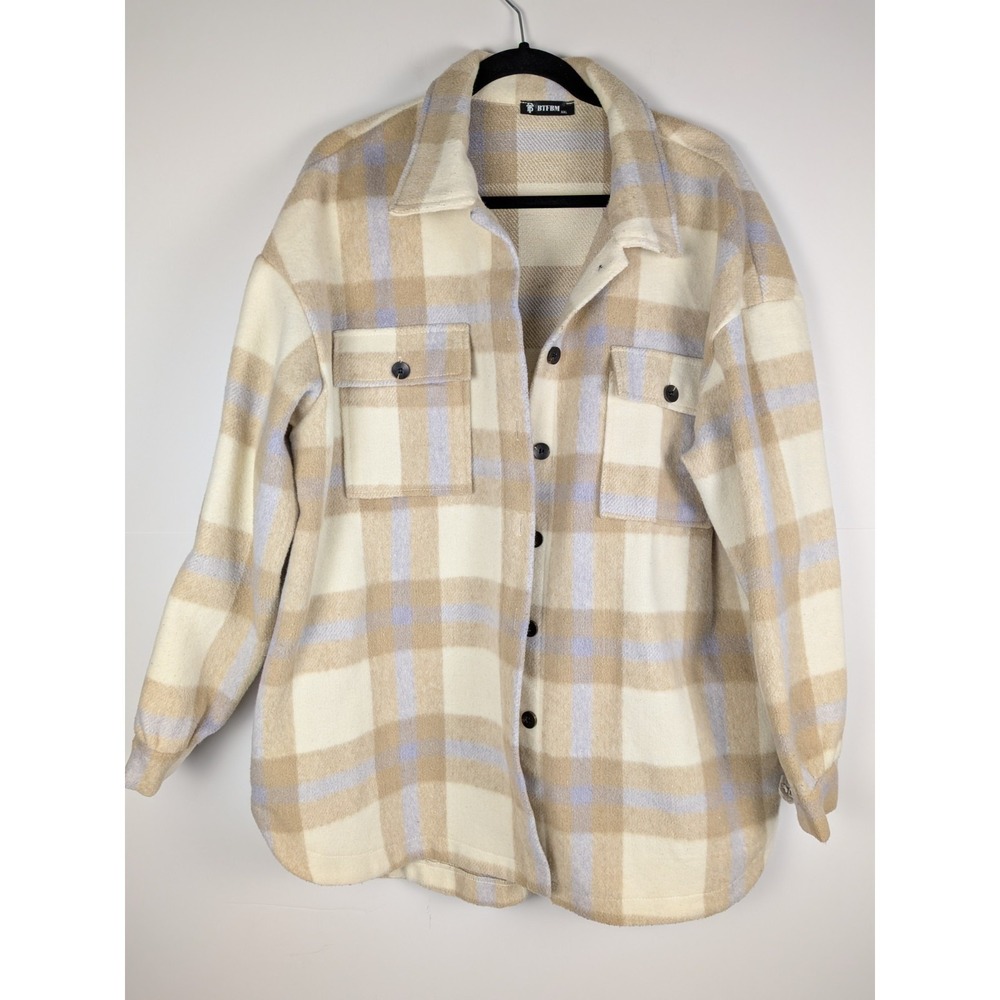 BTFBM Shacket Jacket Women 2XL Ivory Lavender Plaid Fleece Oversized Pockets